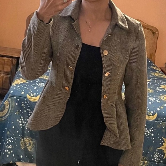 Classic Brown Herringbone Ruffle Hem Open Front Jacket Coat - Picture 4 of 9